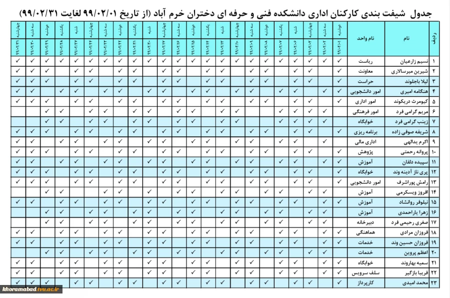 جدول  شیفت بندی کارکنان اداری در اردیبهشت ماه 2