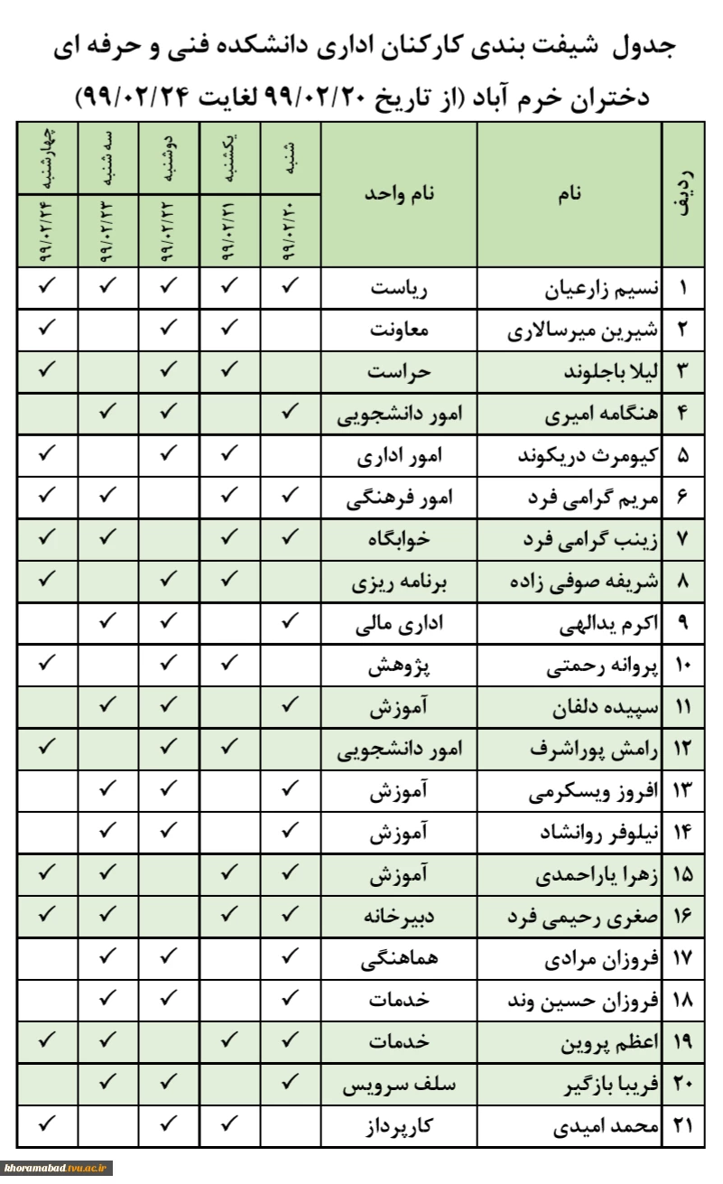 جدول  شیفت بندی کارکنان اداری در اردیبهشت ماه 4
