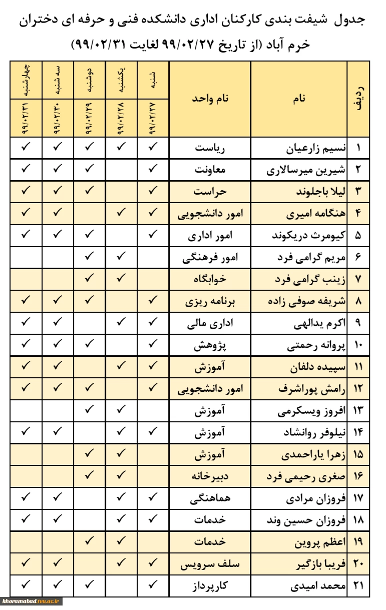 جدول  شیفت بندی کارکنان اداری در اردیبهشت ماه 5