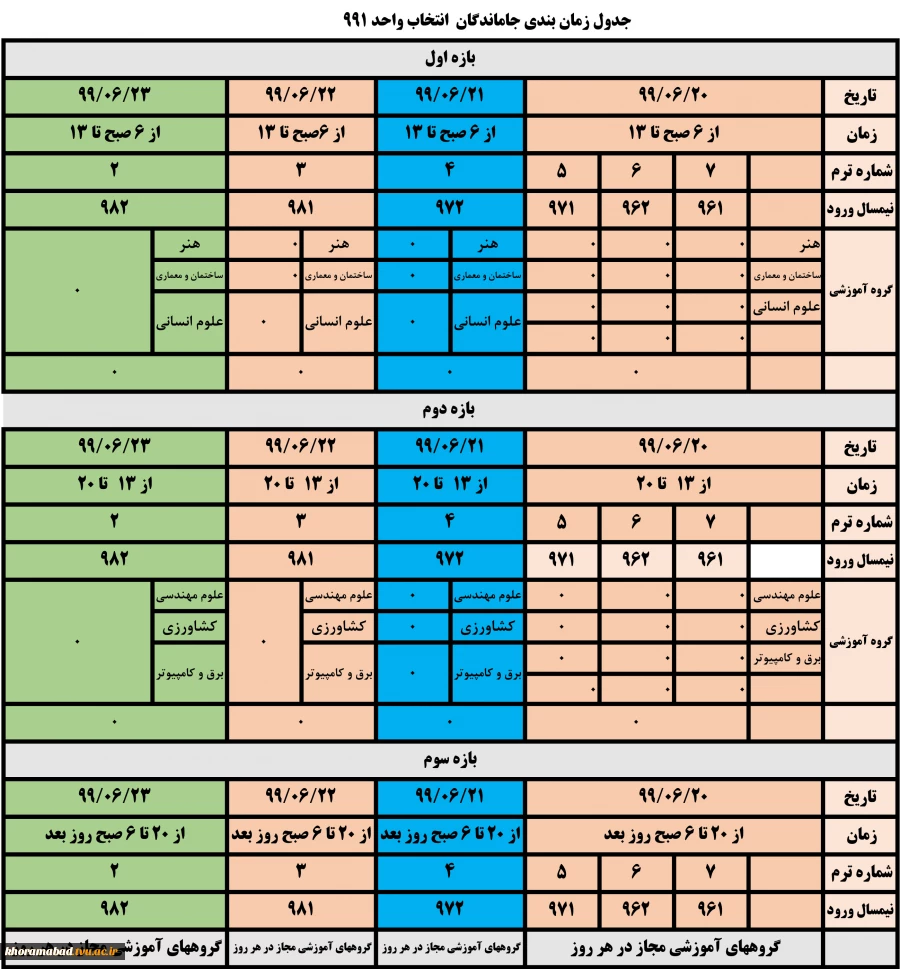 جدول زمان بندی جاماندگان   انتخاب واحد 991 2