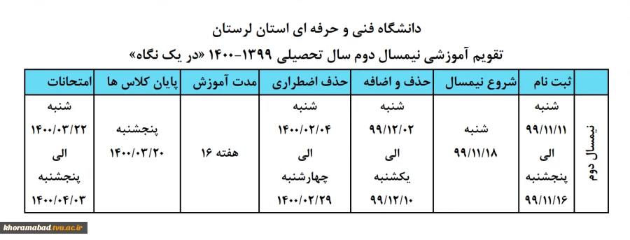 تقویم آموزشی نیمسال دوم سال تحصیلی 1399-1400 «در یک نگاه»							 2