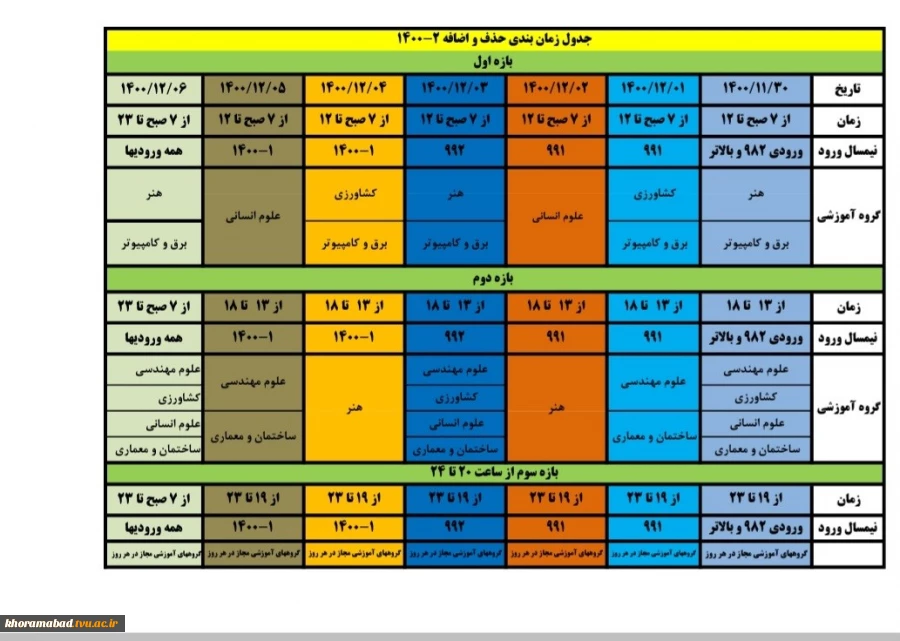جدول زمانبندی حذف و اضافه