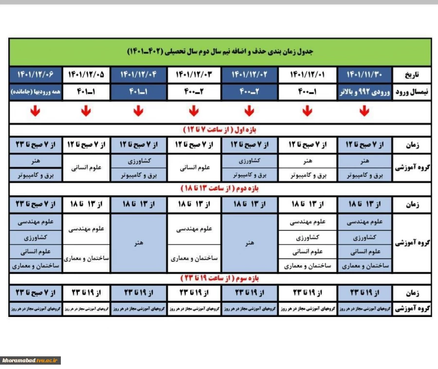 جدول زمانبندی حذف و اضافه نیمسال دوم سالتحصیلی 1402-1401 2