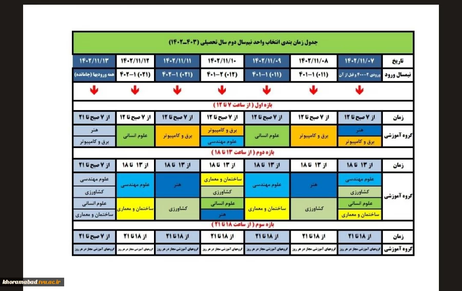 جدول زمانبندی انتخاب واحد نیمسال دوم 1403-1402 2