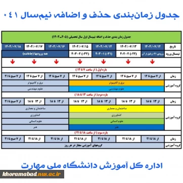 جدول زمان‌بندی حذف و اضافه نیم‌سال اول سال تحصیلی ۱۴۰۴/۱۴۰۵ (مهر _ ۰۴۱)